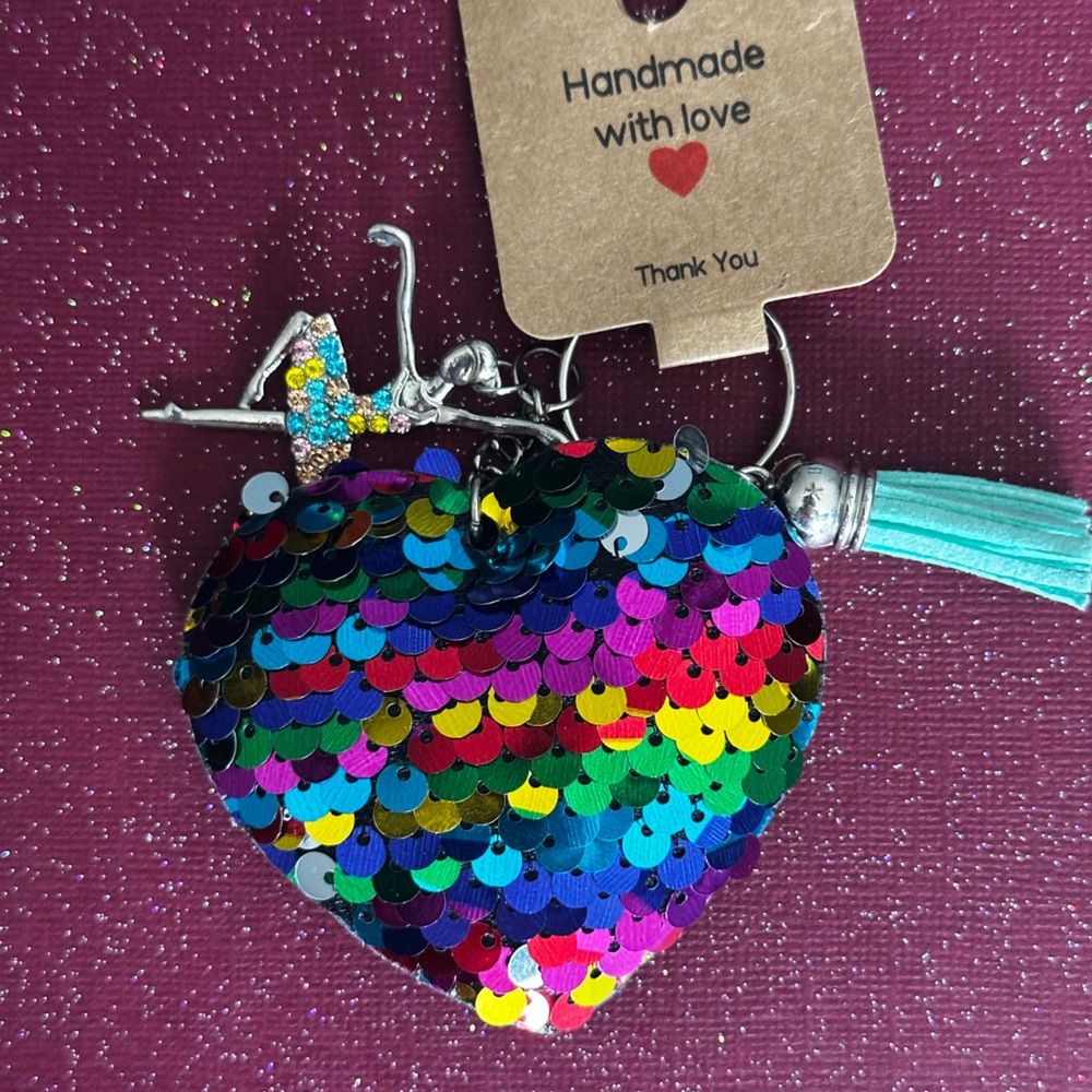 Colorful Sequin Heart Keychain with ballerina charm, light blue tassel Handmade